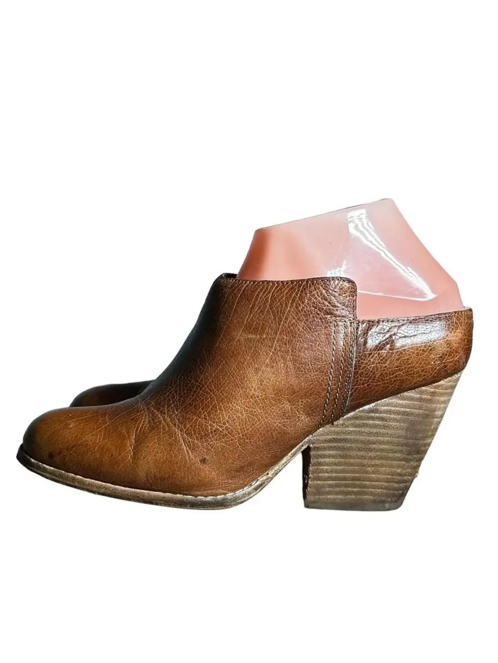 JEFFREY CAMPBELL • Ibiza Last Vinton Brown Leather Stack Heel Mules Booties 7.5